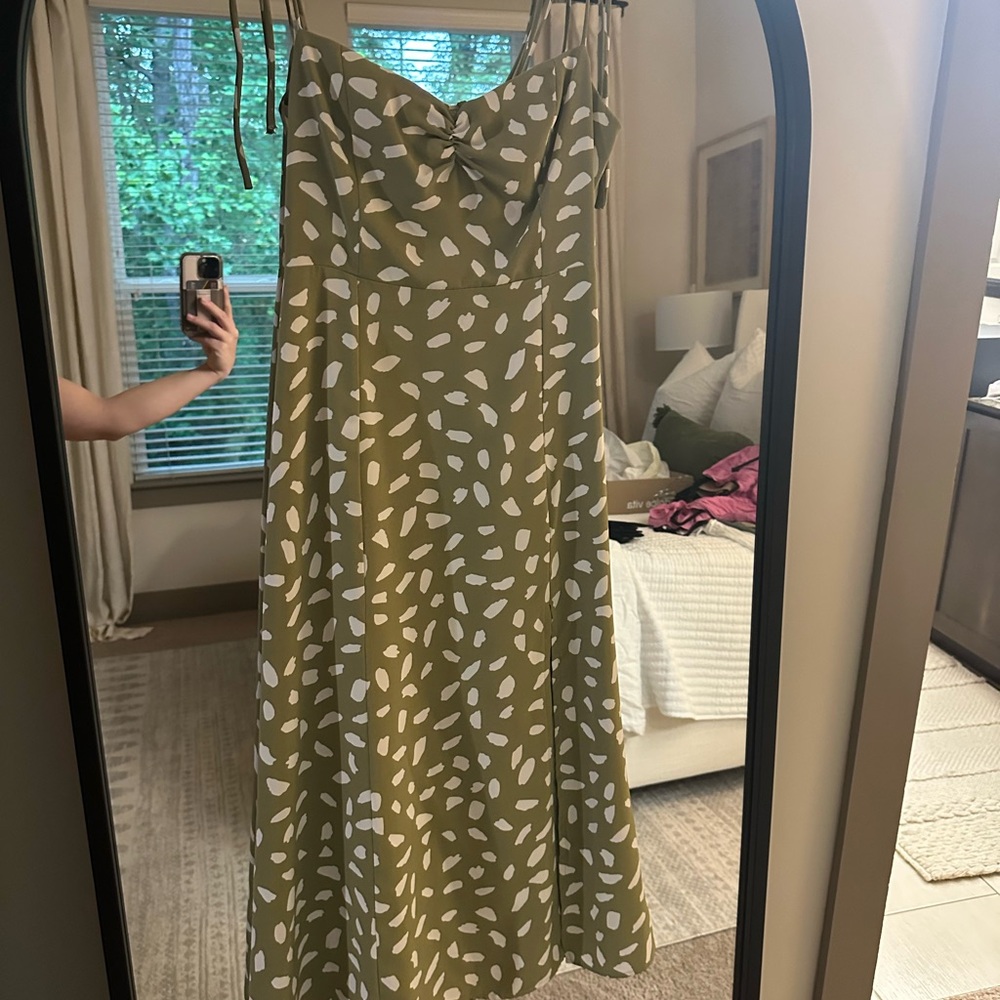 Lulu’s Party in Paris Sage Green Print Tie-Strap Midi Dress